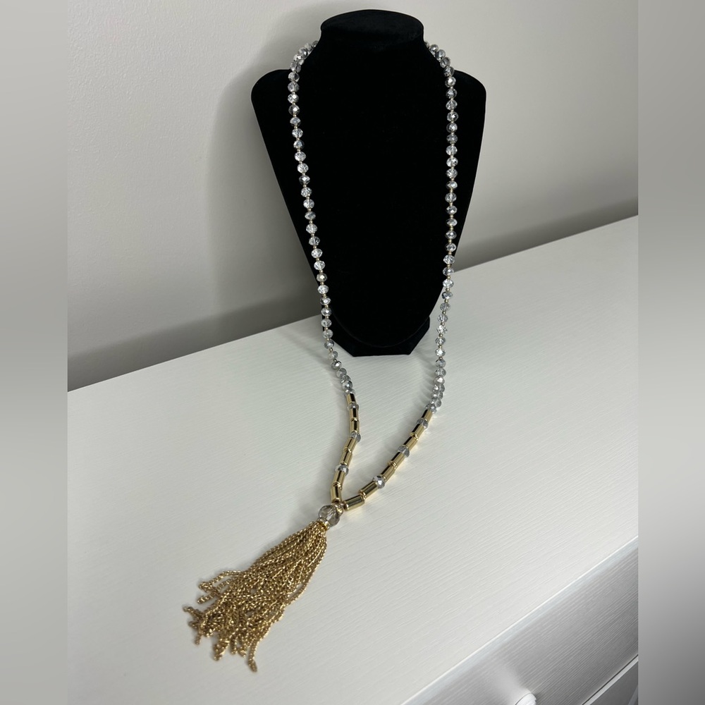 Gold and beaded long tassel necklace. Very pretty!! Claw clasp.